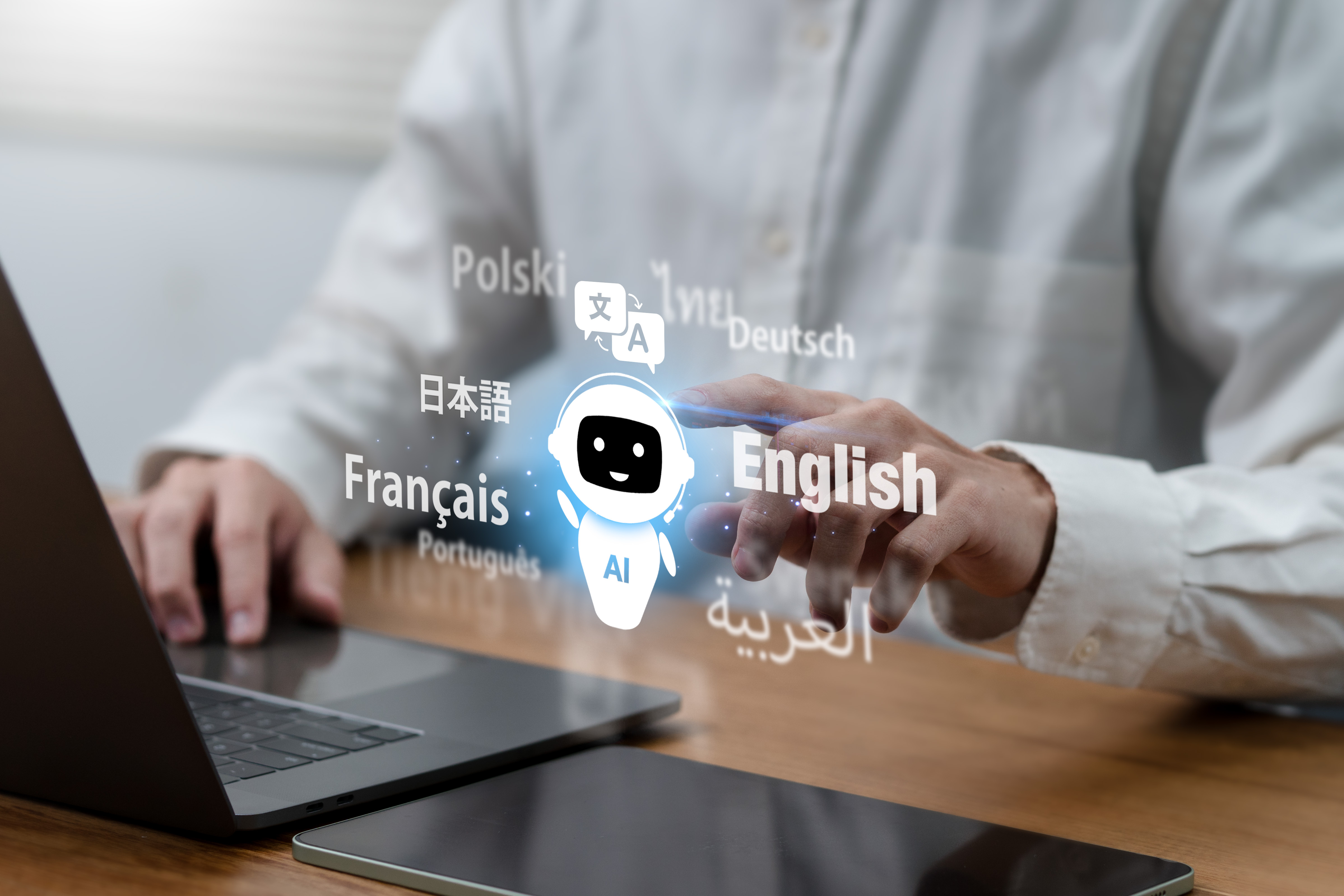 Ai translate language concept.Businessman using  ai translator with blue background, Artificial intelligence chatbot equipped with a Language model technology. Automatic translation system concept.